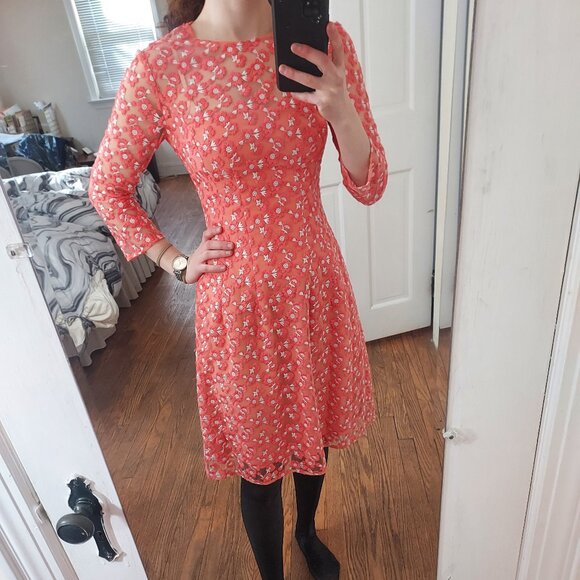 Lela Rose Modest Coral Pink Holly Floral Embroidered Dress - Picture 1 of 8